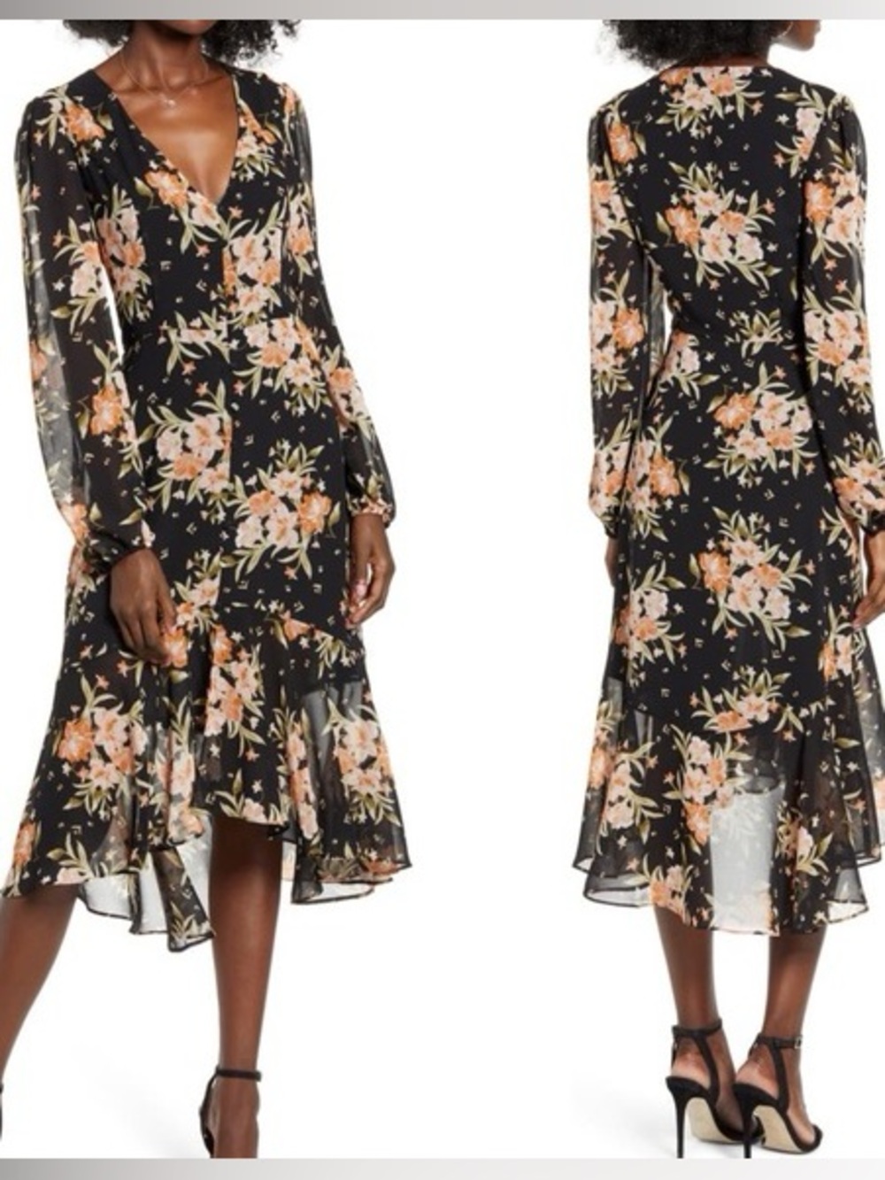 Floral Black Midi Cocktail Dress with Pink Peach Blooms